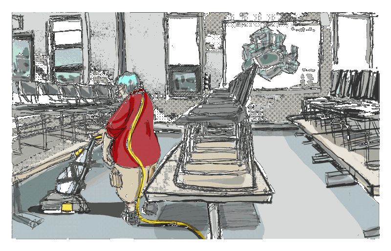 Animated digital sketch of a third shift employee cleaning carpets inside the Sterrett Facility Training Room