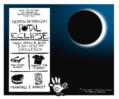 Digital sketch eclipse watching party on the Drillfield on Monday April 8 at 2:30 pm