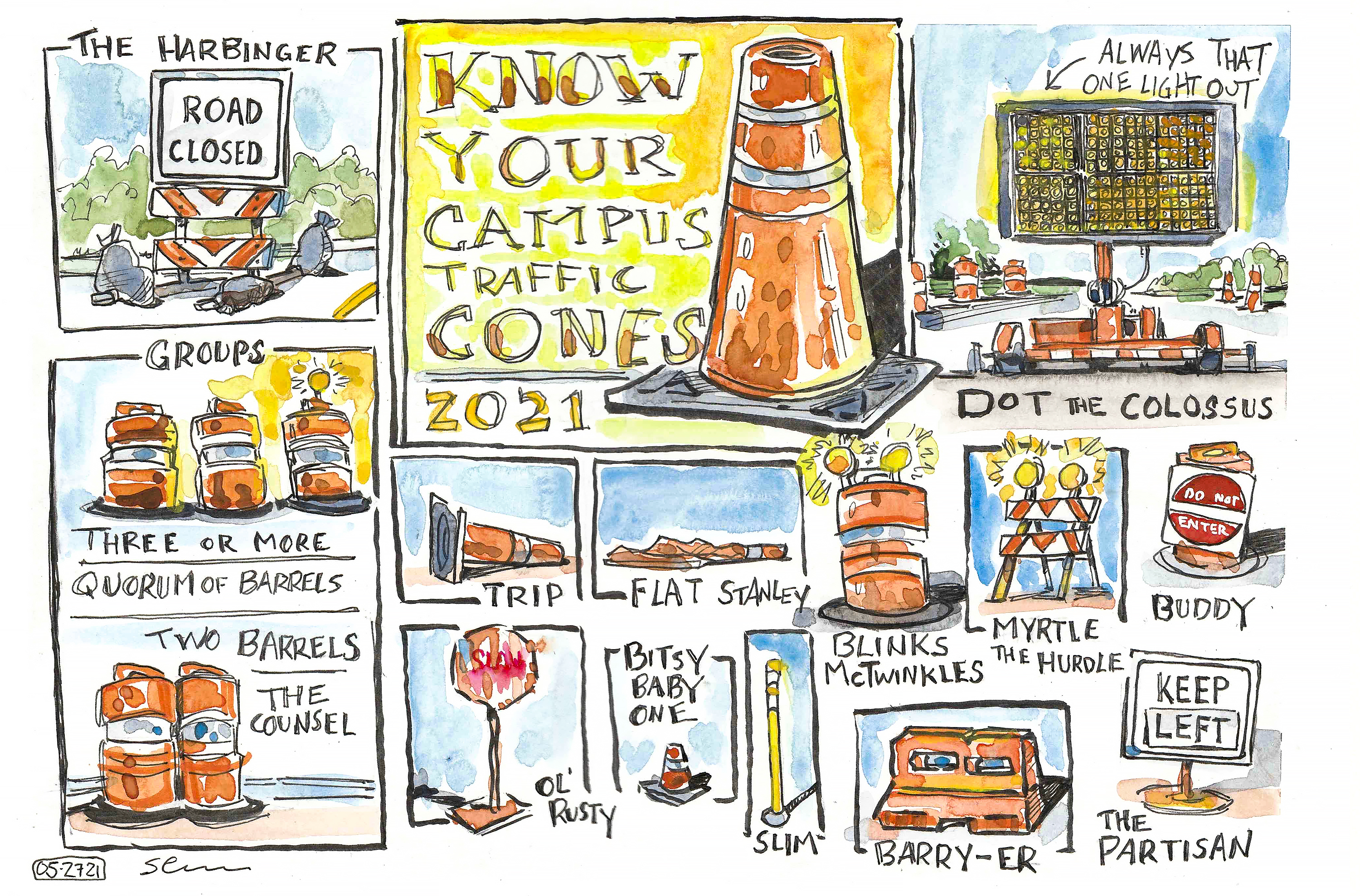 Illustration in watercolor and ink of campus traffic cones and barriers 