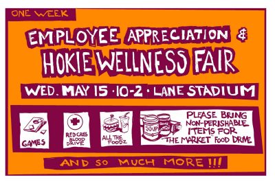 Digital sketch of text reminding employees of the Employee Appreciation and Hokie Wellness Fair next week, May 6 from 10-02 in lane stadium