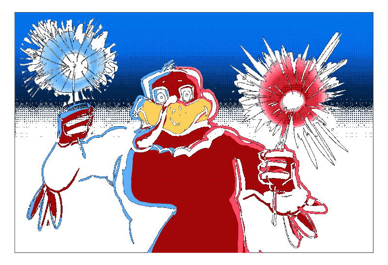 Animated digital sketch of the HokieBird holding sparklers and wishing everyone a safe and happy July 4th 