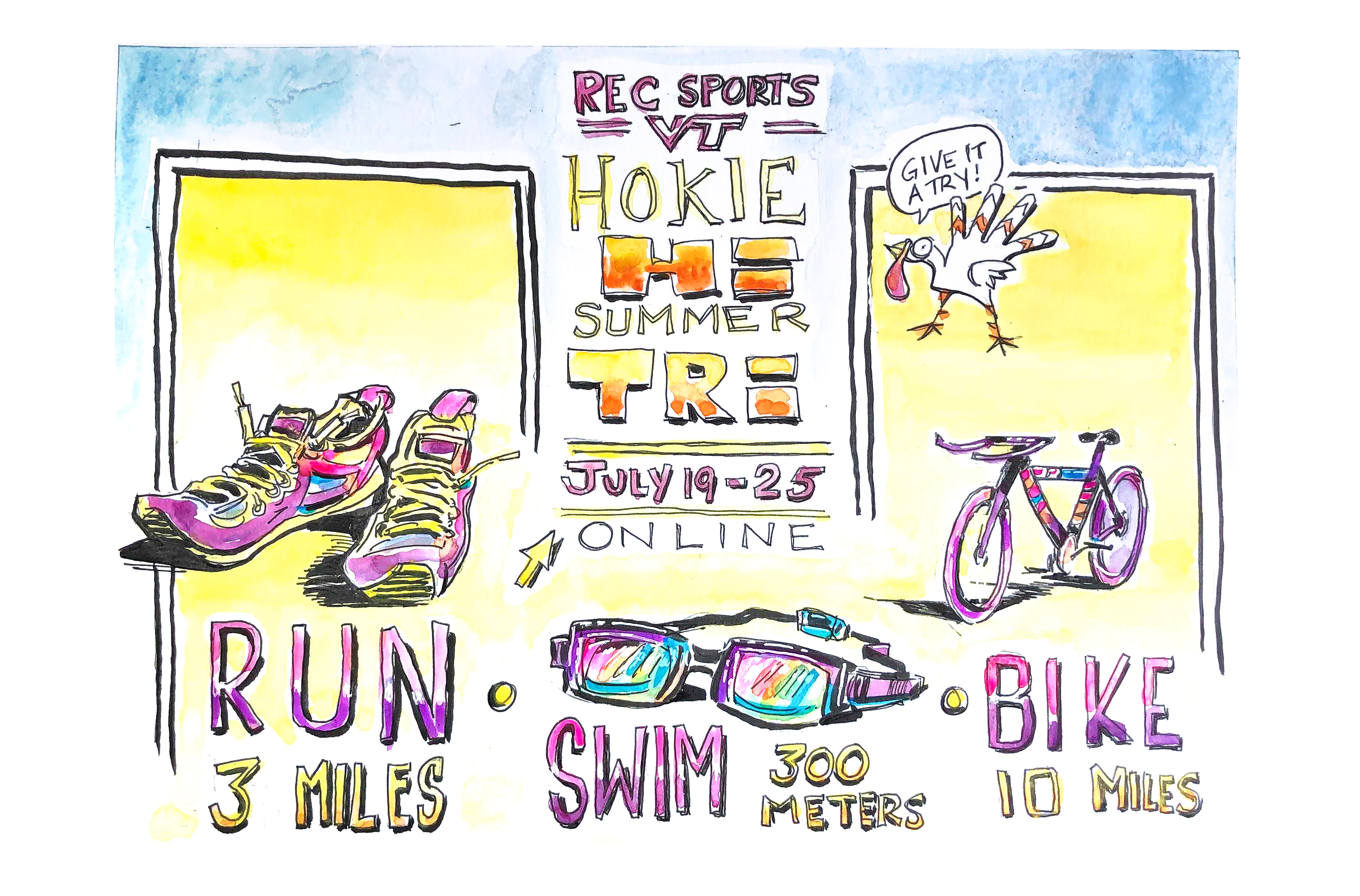 Illustration promoting rec sports summer triathlon July 19 - 25