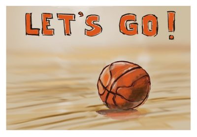 Digital sketch of a basketball to celebrate the womens basketball team hosting the NCAA first ground and the mens basketball team hosting the NIT