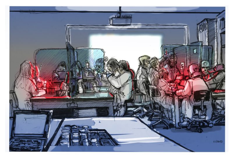 Ink and digital color sketch of the Neuroscience Lab I where students are using lights to study fruit fly behanvior