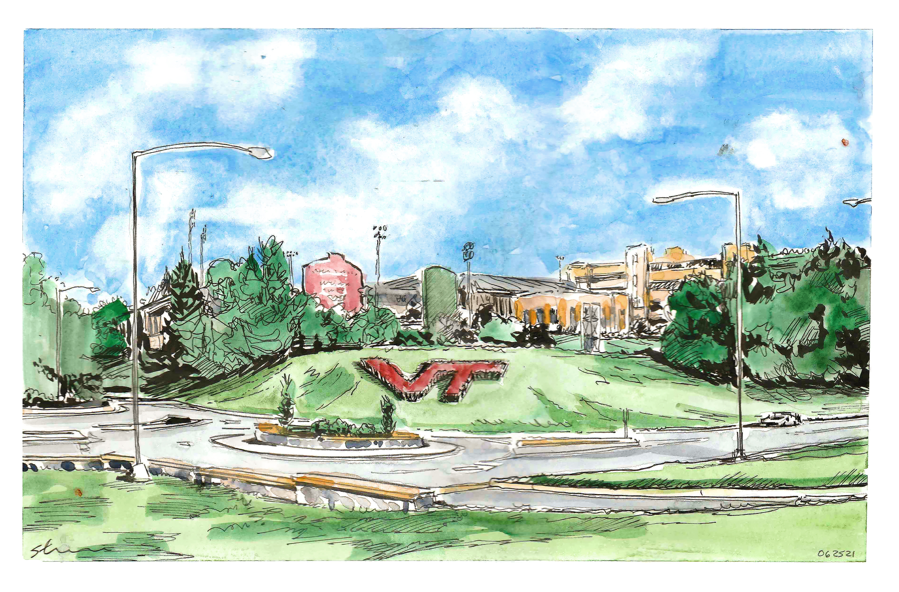 Sketch in ink and watercolor of the VT hedge on Southgate