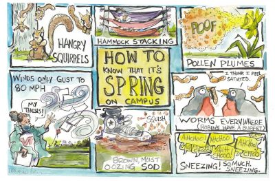 Illustration in ink and watercolor of various campus spring features