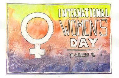 Illustration using hand lettered text saying: 'International Women's Day, March 8'