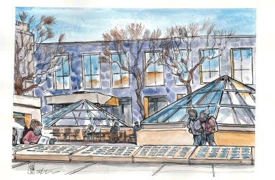 Sketch in ink and watercolor of students on a sunny Cowgill Plaza; trees have buds on them