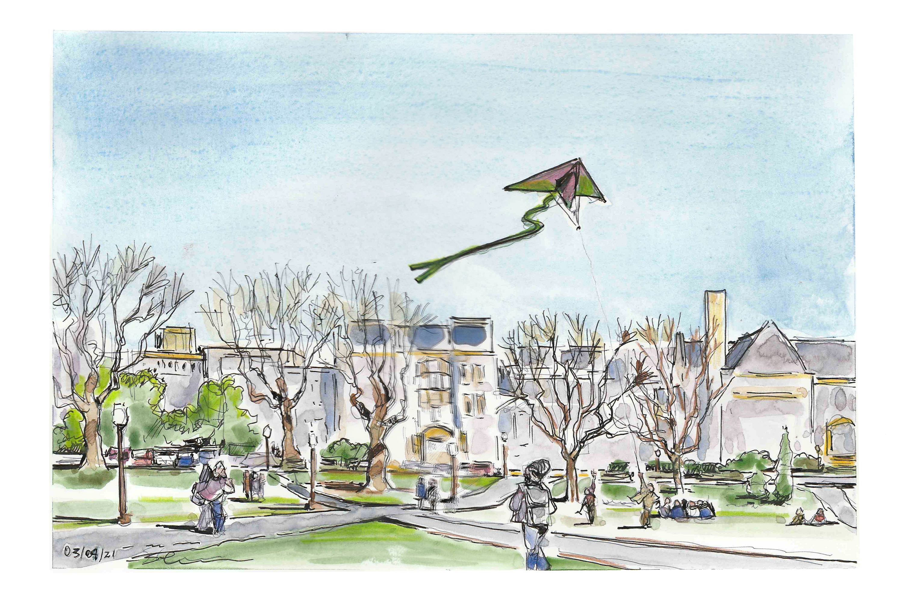 Illustation of students flying a kite on the Drillfield