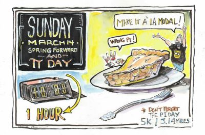 Illustration in ink and watercolor of a giant piece of pie and a clock to remind everyone to spring forward (and it's Pi Day)