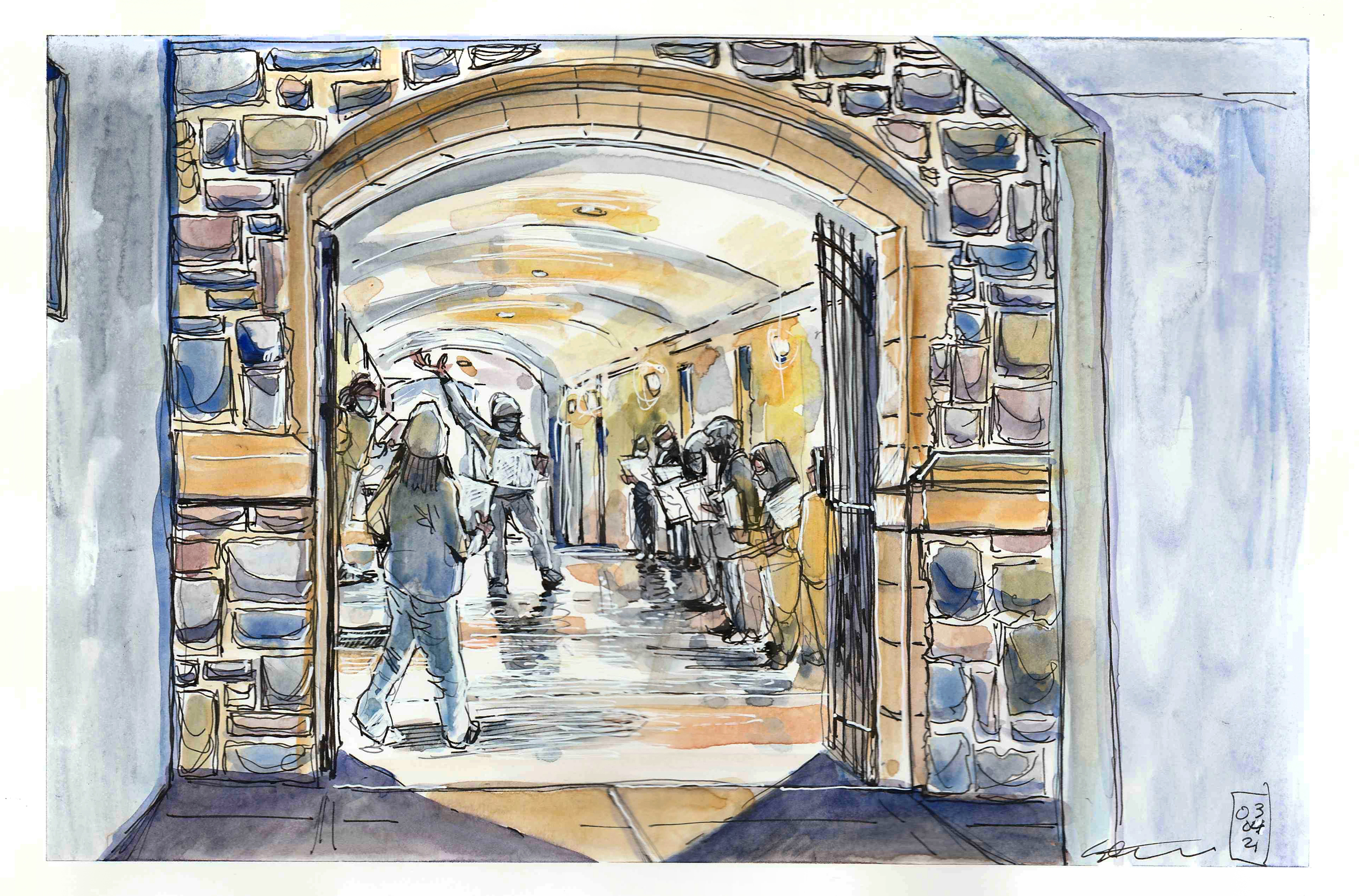 Illustrated ink and watercolor sketch of students singing in Burruss Tunnel