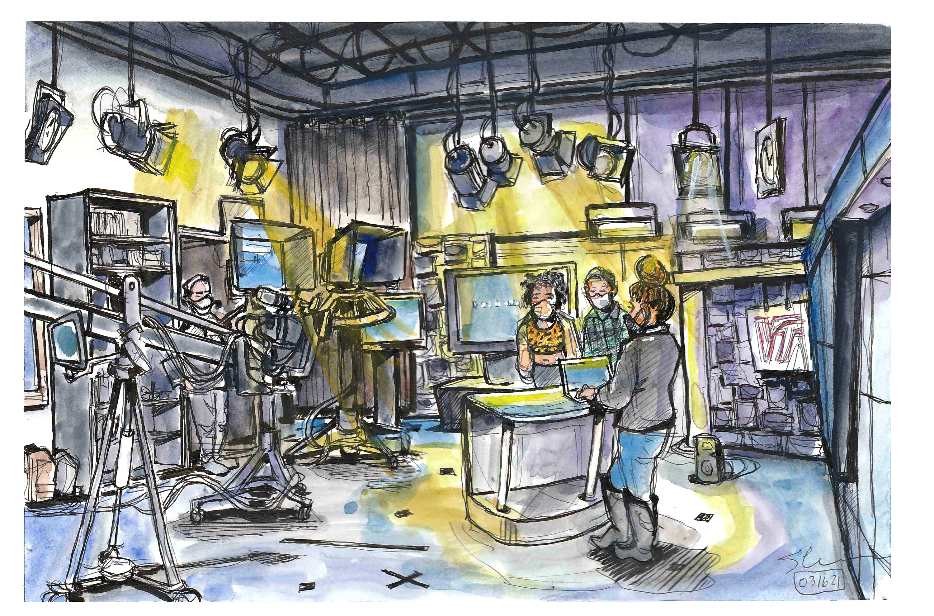 Illustration in ink and watercolor of the Comm School Studio