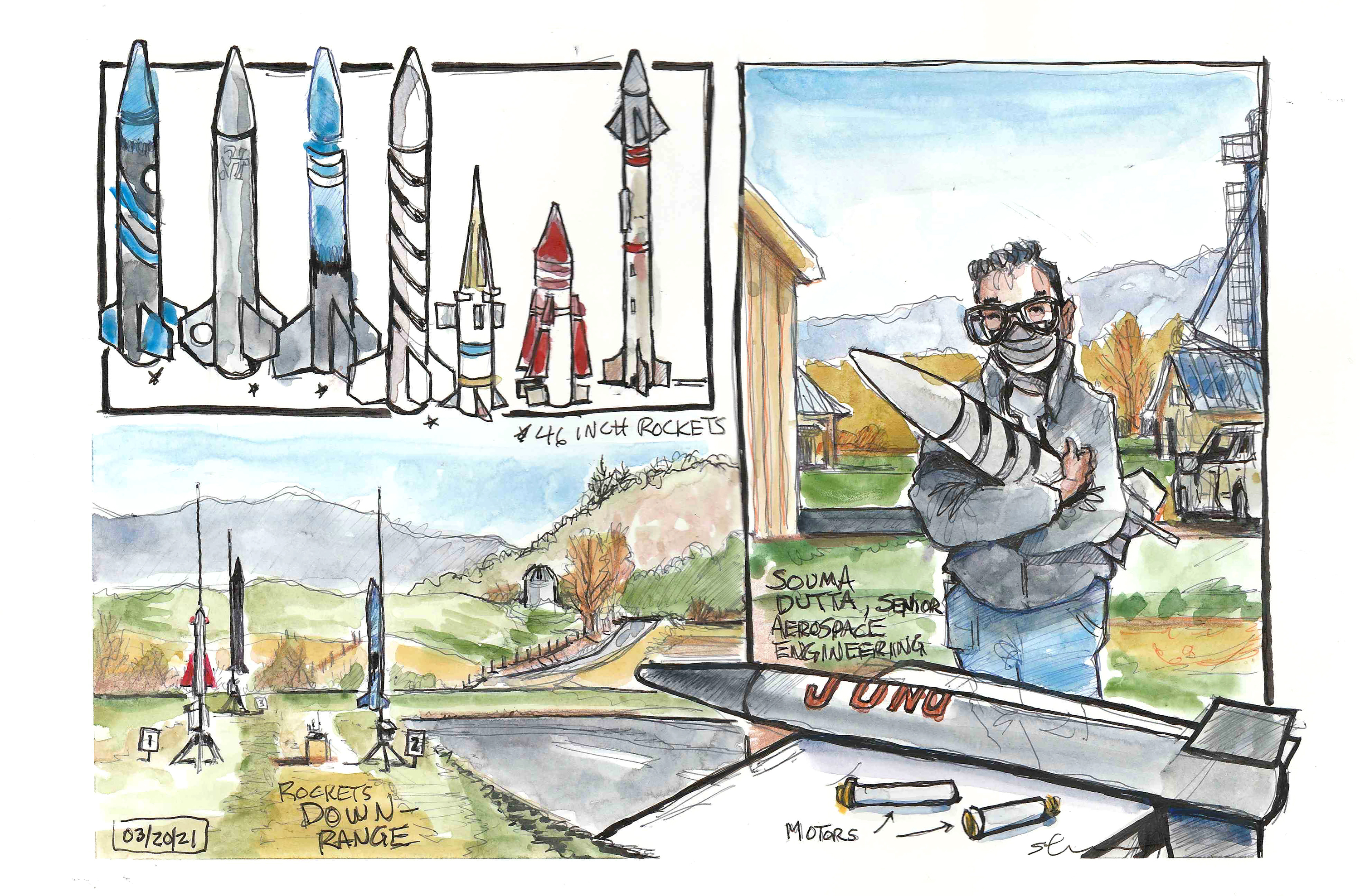 A multipanel illustration in ink and watercolor (clockwise): different style rockets, a student engineer holds his rocket as motors on a table are prepared for installation in a rocket resting on a table; down-range, three ockets are on launch pads, awaiting ignition
