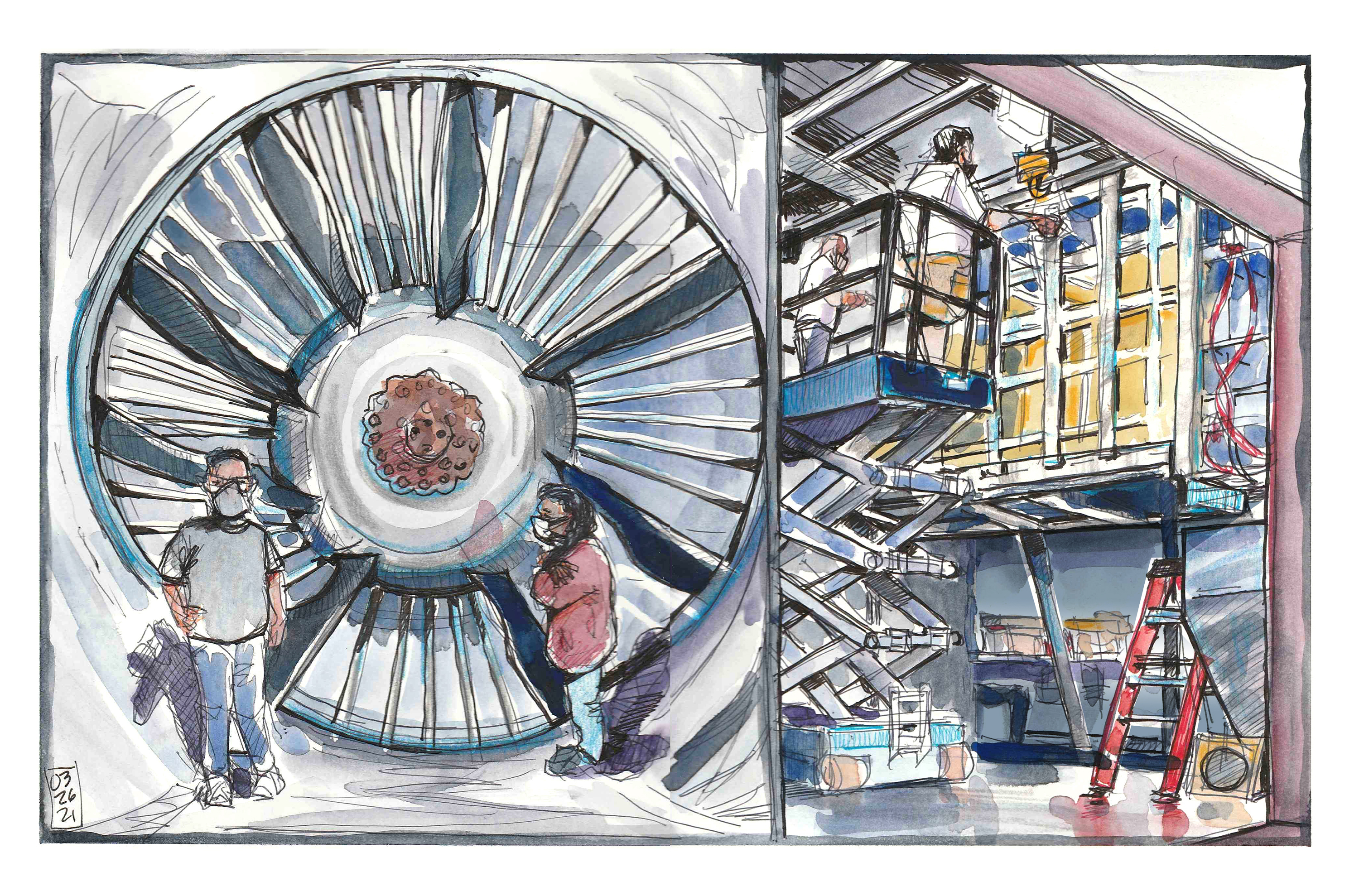 A two-panel illustrated sketch in ink and watercolor of students in front of the wind tunnel turbines for scale. And wind tunnel researhcers on a lift installing sound recording panels for taking acoustic measurements. 