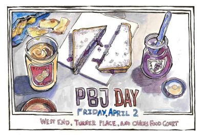 Illustrated sketch in ink and watercolor of a PBJ sandwich, chips and jars of peanut butter and jelly. 