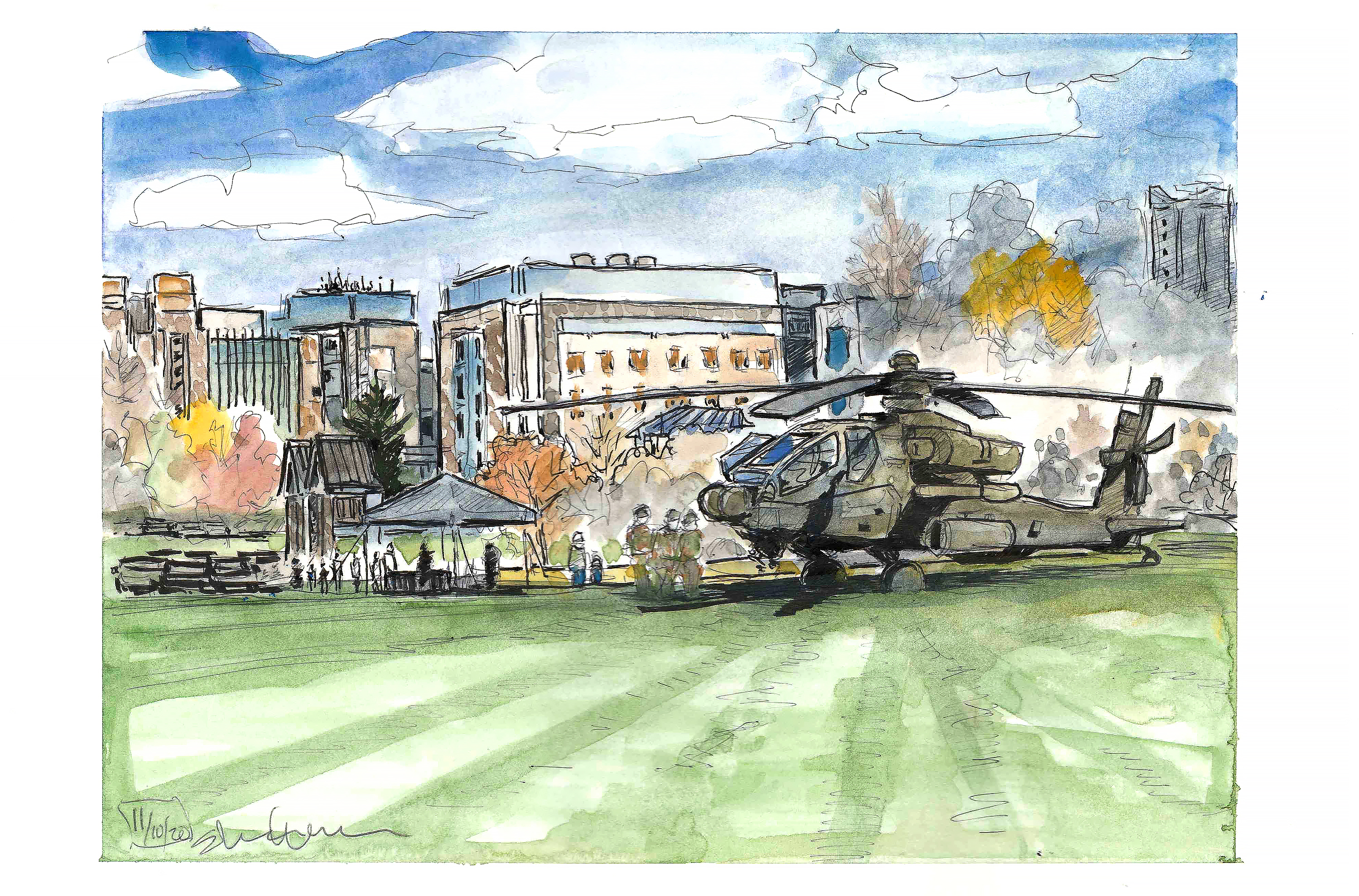 Apache Helicopter on Holtzman Alumni Center lawn -- Appeared on Nov. 16, 2020