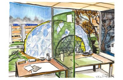 View of the CAUS geodesic dome from inside Cowgill Hall (00066)-- Appeared on Nov. 20, 2020