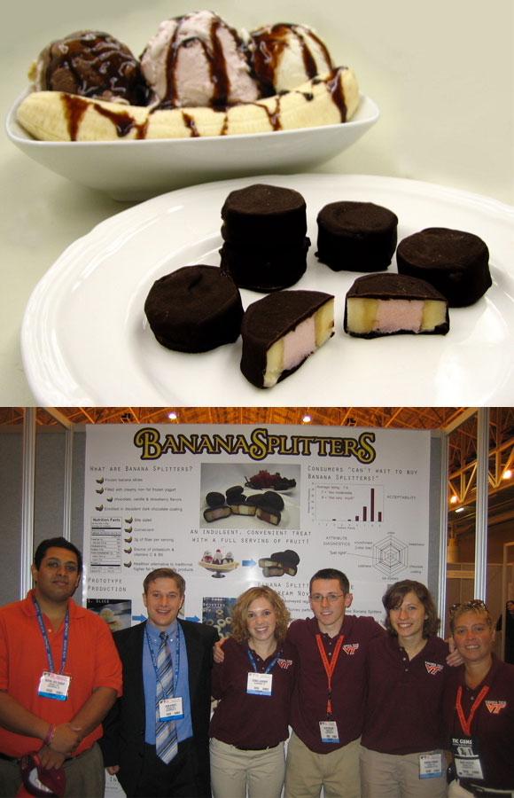 (Top) Banana Splitters are an indulgent, convenient treat with a full serving of fruit in nine bite-size pieces. Photo courtesy of John Koontz. (Bottom) Virginia Tech Food  Science and Technology Product Development Team Govindaraj Dev Kumar, John Koontz, Denise Gardner, Kevin Holland, Sabrina Hannah, Annie Aigster at the Institute of Food Technologists annual meeting and food expo in New Orleans. Photo courtesy of Sean O'Keefe, faculty advisor.