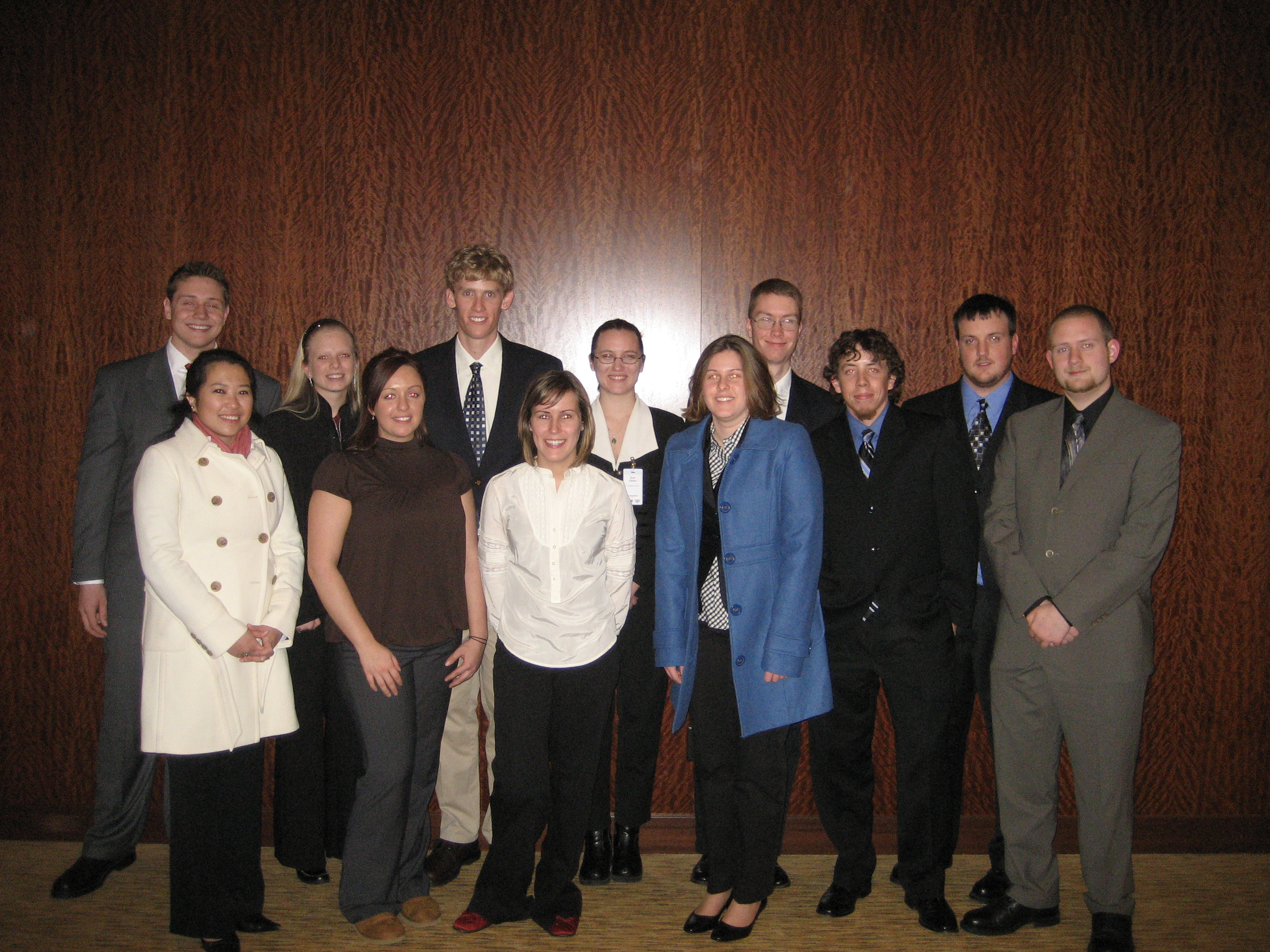 Pictured are the mining engineering students of the 2008 Virginia Tech Student Design Competition teams. Back row, left to right, are: Alek Duerksen, Holly Fitz, Andrew Storey, Kate Glusiec, David McConnell, and James Winfield. Front row, left to right, are: Rosalyn de la Pena, Carolyn Relyea, Erica Doolittle, Bridget Mead, Travis Tyndall, and John Bowling.