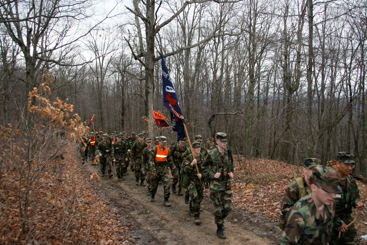 Cadets march along the second half of the route.
