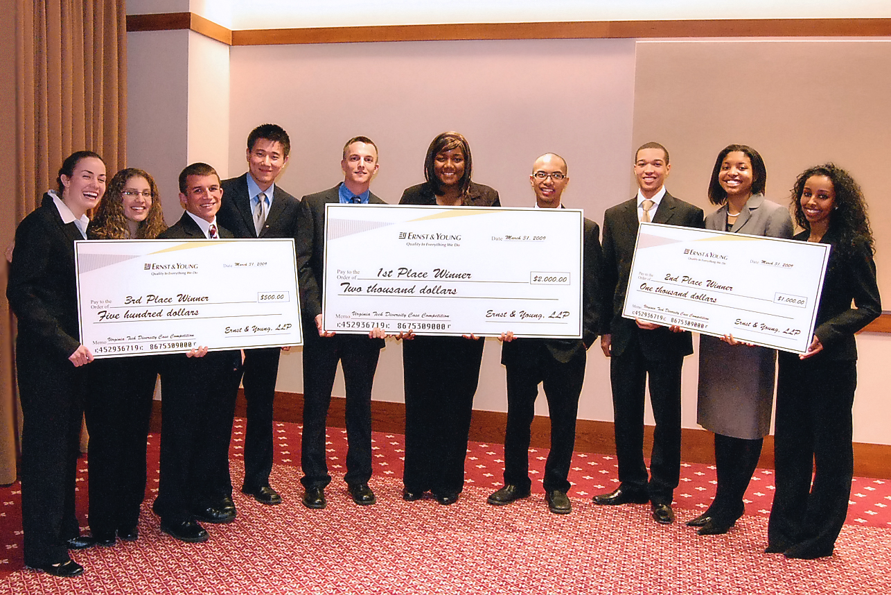 Diversity case competition winners, from left to right:<br>
3rd place: Christine Damico, Estee Rios, Eric Poppe, and Ben Yu.<br>
1st place: Kevin Battista, Ashley Perry, and Matthew Ferrer.<br>
2nd place: Cameron Hart, Laurie Manning, and Bethlhem Teshome.
