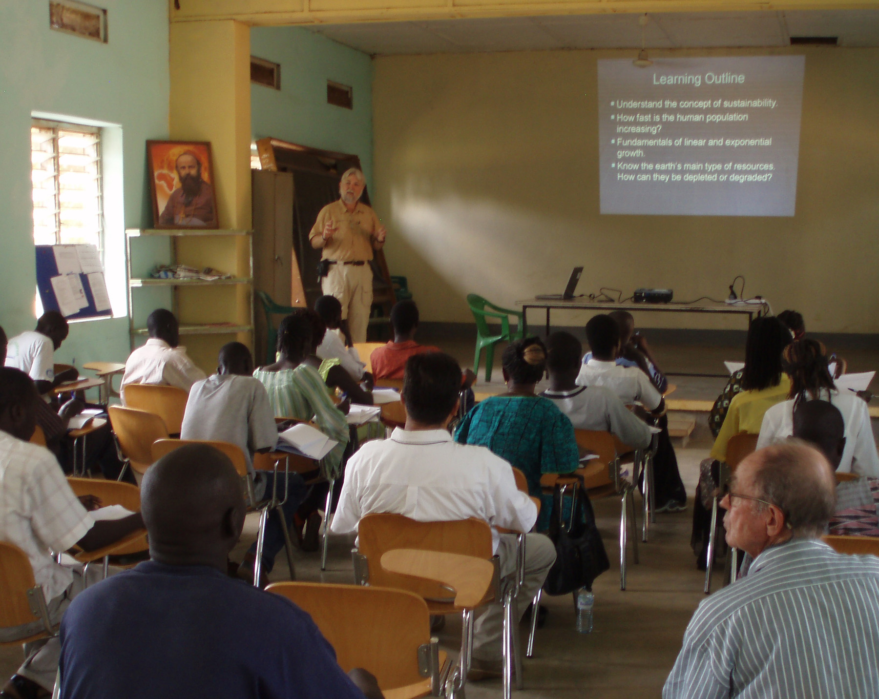 Virginia Tech professor Theo Dillaha presents a guest lecture on sustainability at the Catholic University in Sudan.