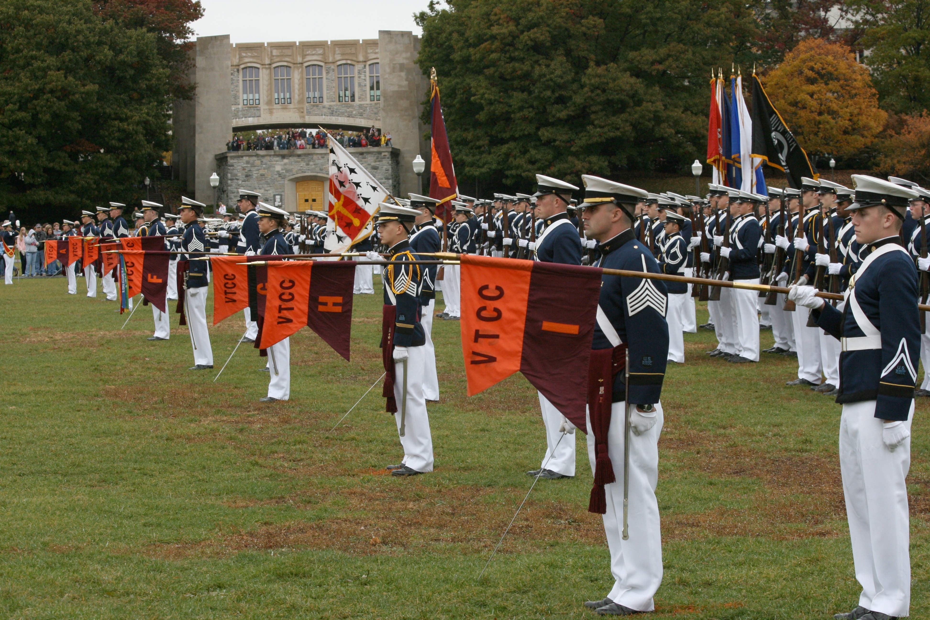 The Virginia Tech Corps of Cadets participate in a pass in review.