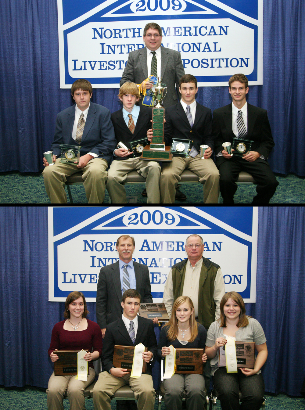 Top image Virginia 4-H Livestock Judging Team, seated left to right: Lacey Koontz, Bobby Strecker, Laura Kate Reeves, and Bly Patterson. Standing (left) Mark Wahlberg, coach, and (right) Willie Hayes of Westway Feeds sponsored the awards. Bottom image Virginia 4-H Skillathon Team, left to right: Logan Turner, Christian Deavers, Bobby Strecker, and Marshall Slaven. Standing is Eric Stogdale, coach.