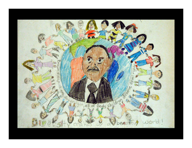 Art by Tori Shimozono from the 2008-09 Martin Luther King poster competition. At the time she created it, she was a third grader at Gilbert Linkous Elementary School in Blacksburg, Va.