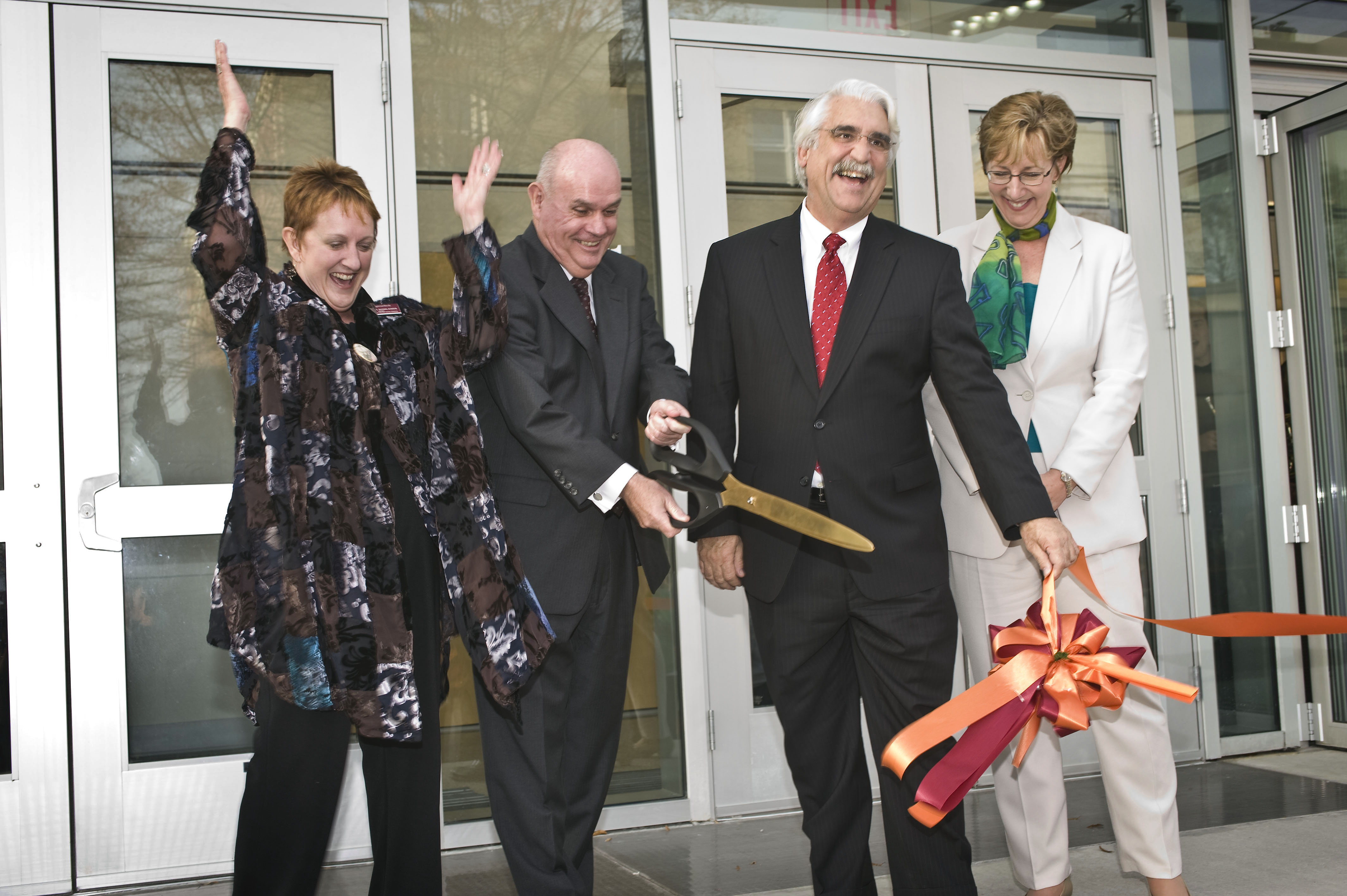 Celebrating the ribbon-cutting of Theatre 101 are (left to right) Sue Ott Rowlands, dean of the College of Liberal Arts and Human Sciences; Virginia Tech Provost and Senior Vice President Mark McNamee; Blacksburg Mayor Ron Rordam; and Patty Raun, department head of Theatre and Cinema.