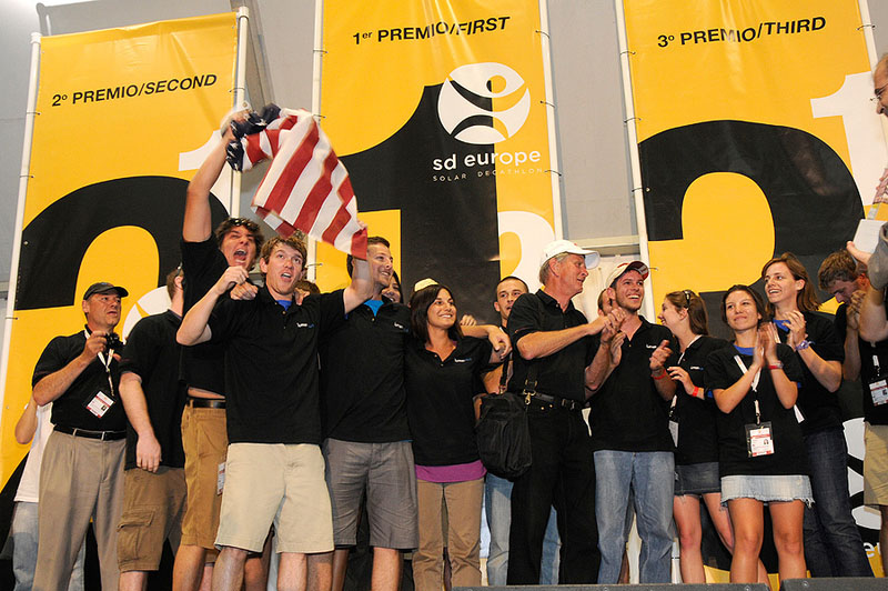 Members of the Virginia Tech Lumenhaus team celebrate victory.