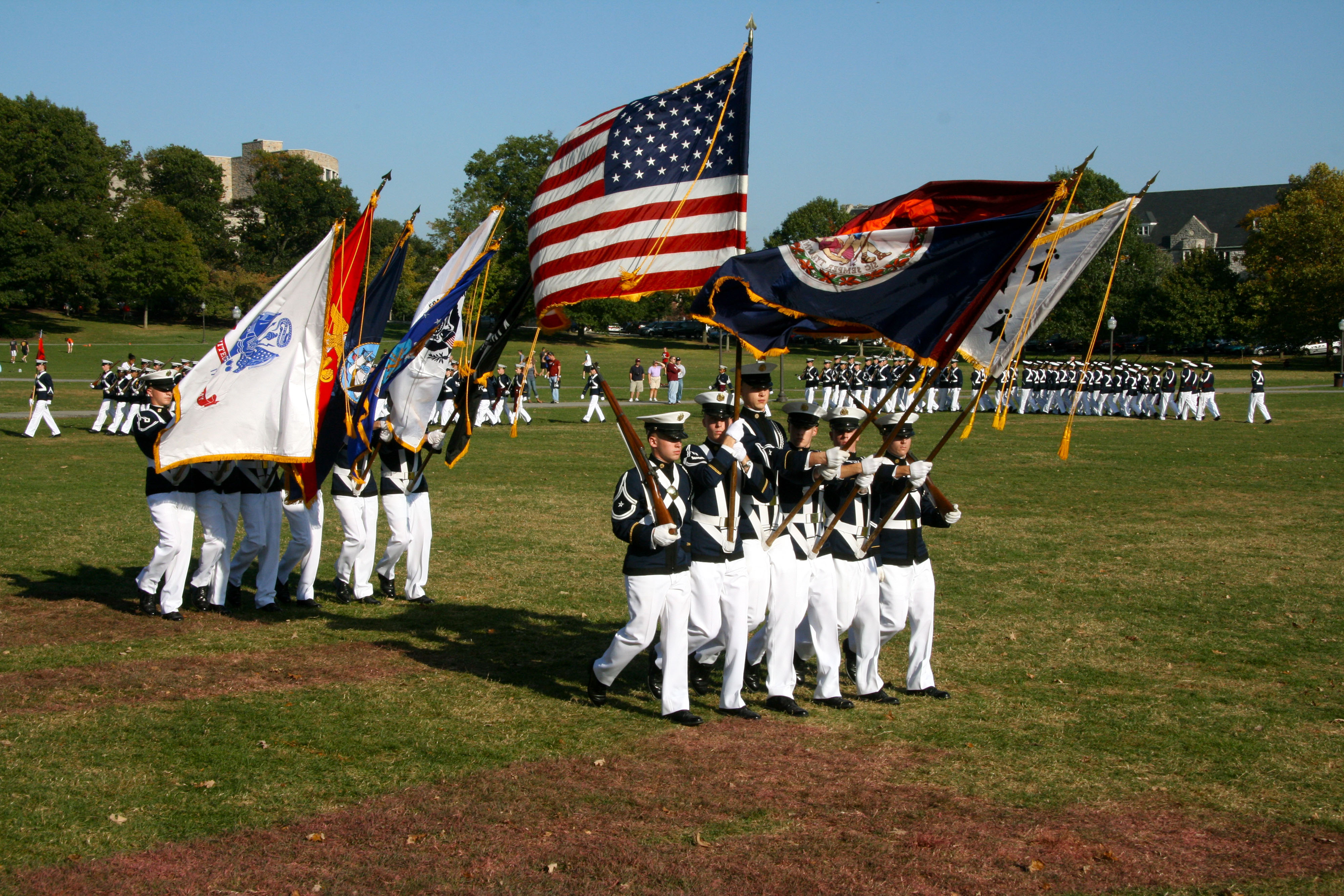 The Virginia Tech Corps of Cadets Color Guard passes in review during the 2009 Old Guard Parade