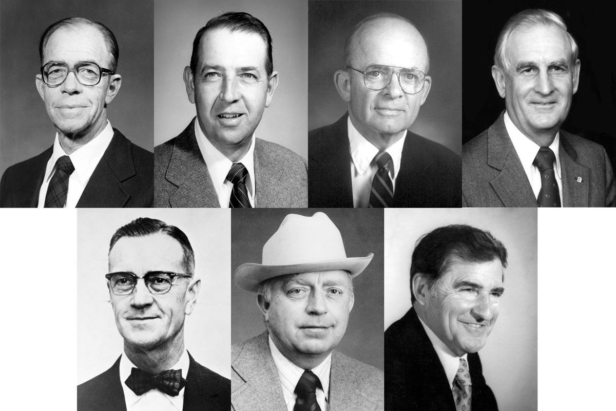 The first group of honorees in the Virginia Livestock Hall of Fame includes several Virginia Tech alumni and faculty members. Top, L-R: George A. Allen Jr., Richard S. Ellis IV, William M. Etgen, and Ritchie Allen Jordan. Bottom, L-R: George Washington Litton, Roy Allen Meek, and James R. Nichols.