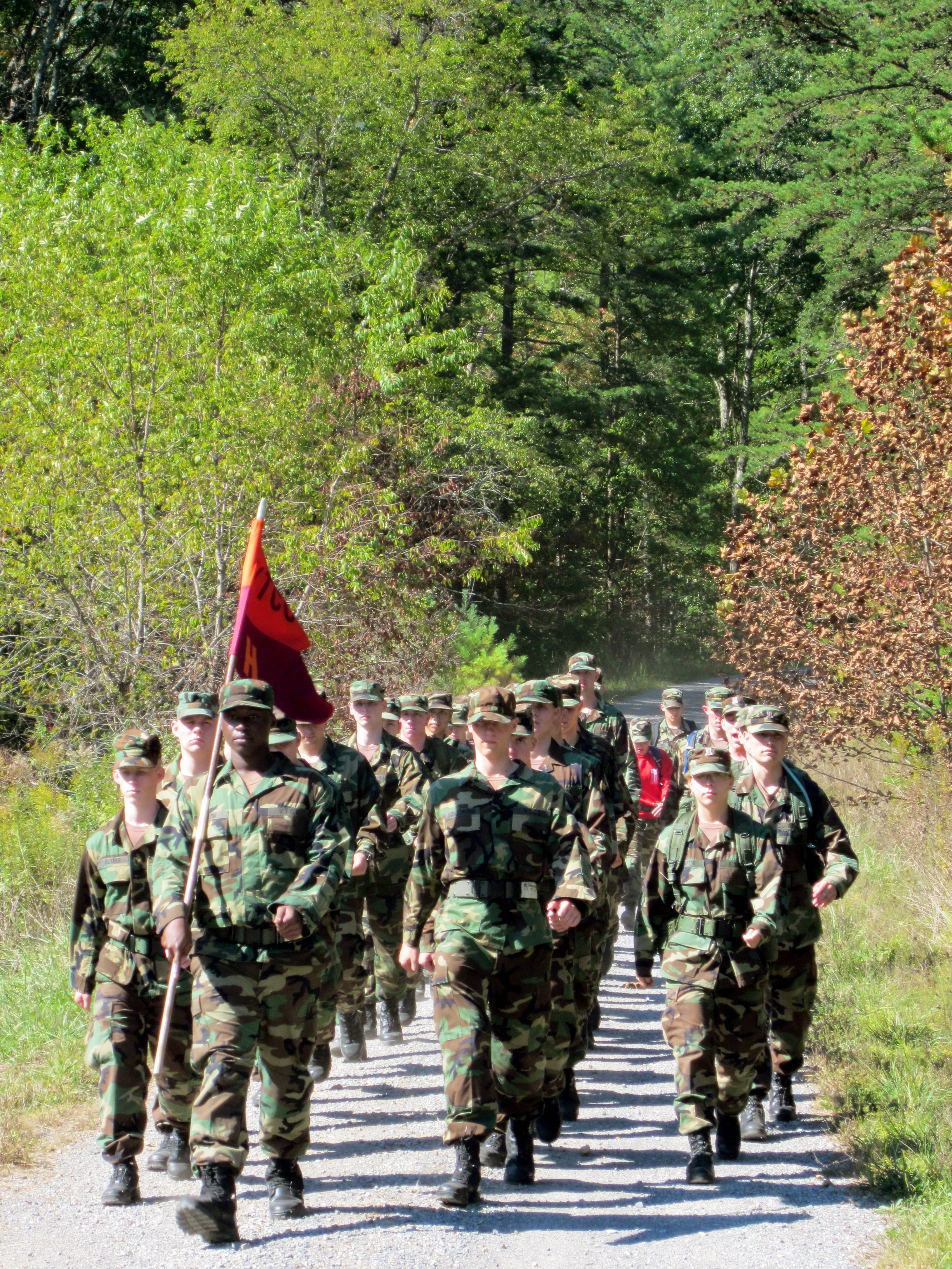 Members of Training Company 2-4 march down the last road during the Fall Caldwell March.
