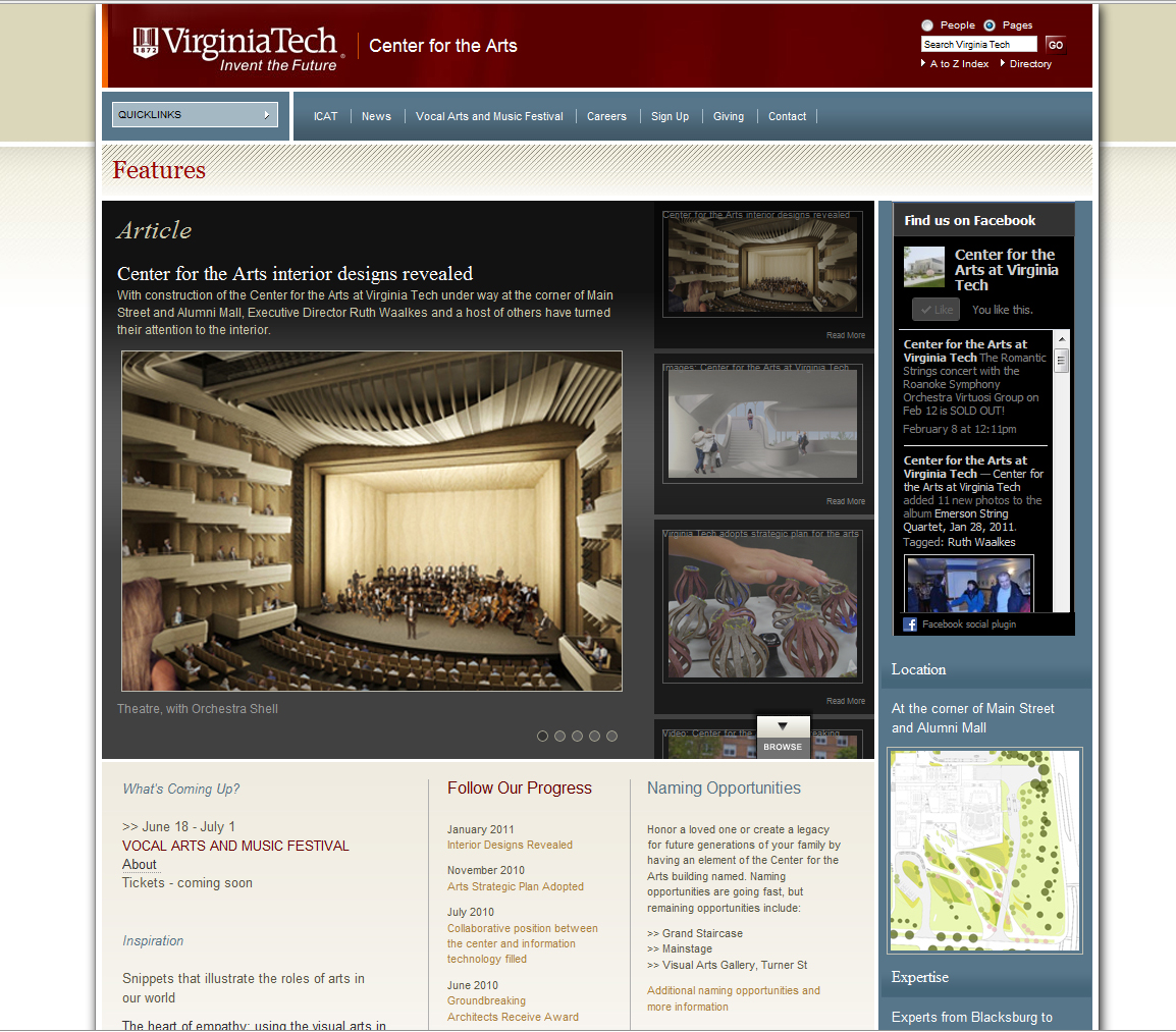 Screen shot of the Center for the Arts at Virginia Tech website homepage