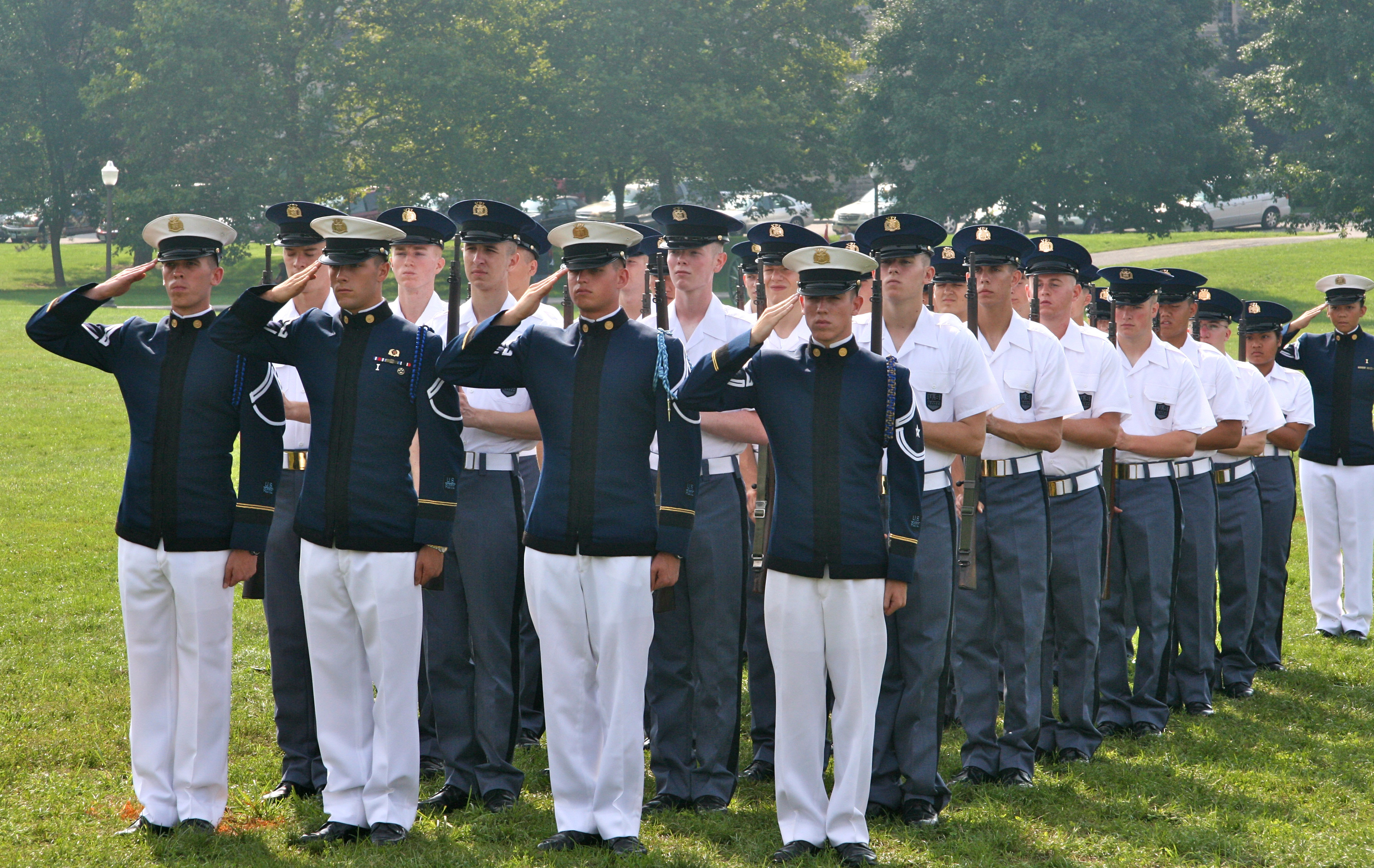 One company in the Virginia Tech Corps of Cadets stand at present arms during the 2010 New Cadet Parade