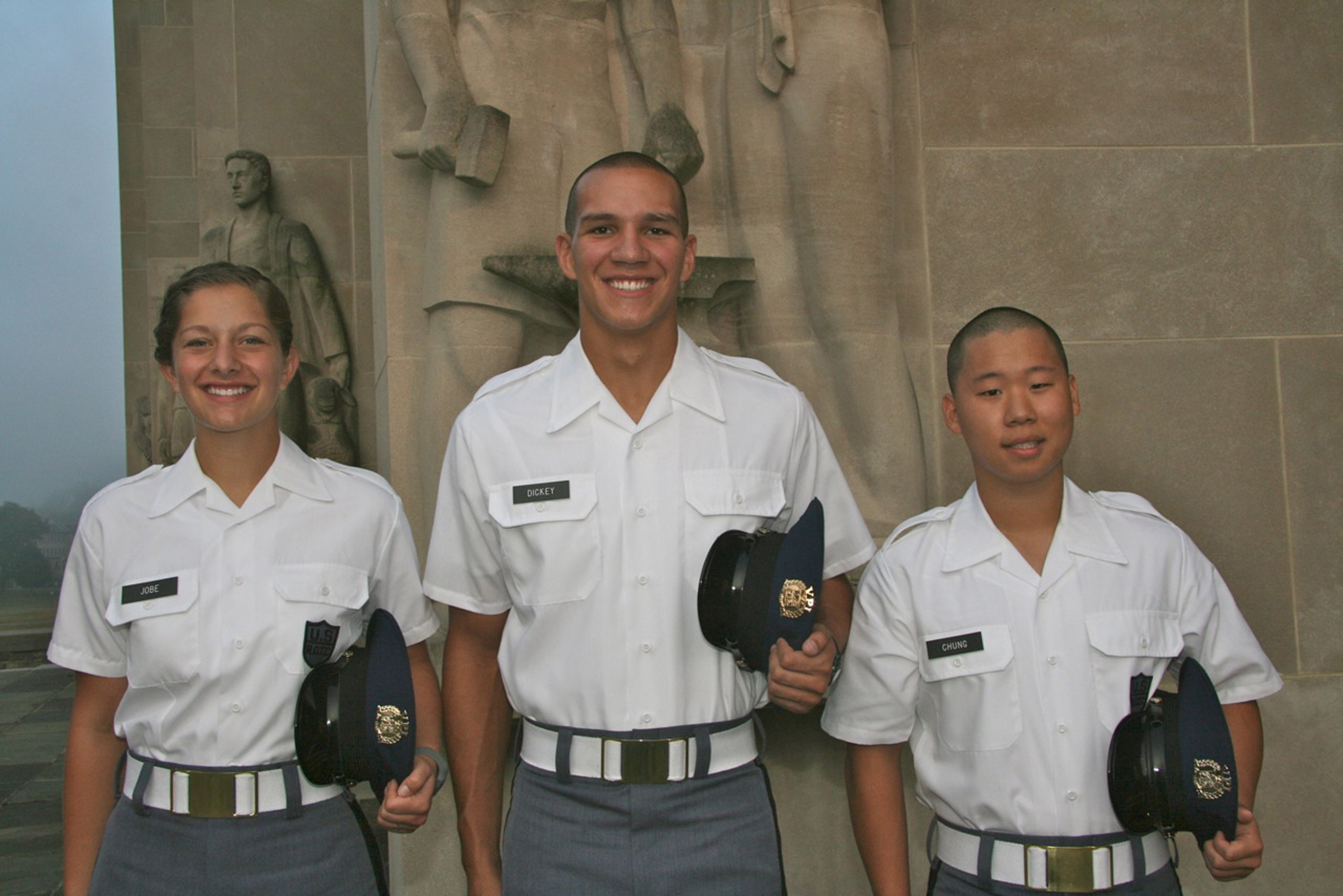 From left to right are Cadets Emily Jobe, Austin Dickey, and William Chung who have been selected to represent the Virginia Tech Corps of Cadets at the Appalachian State game