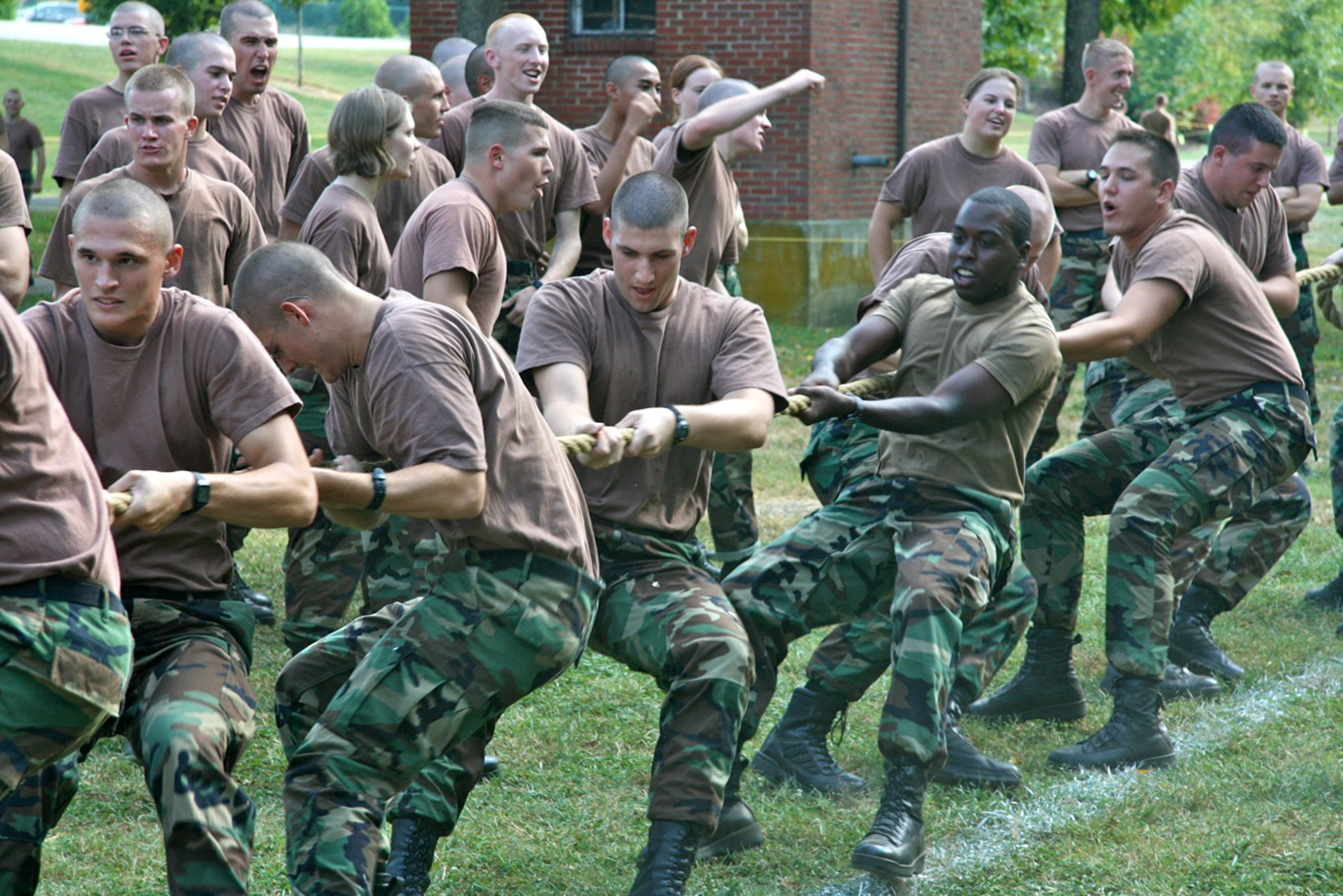 Members of the Virginia Tech Corps of Cadets take part in the tug of war event during the annual Ironman competition last fall