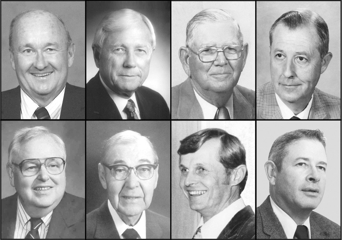 The Virginia Livestock Hall of Fame includes several Virginia Tech alumni and faculty members. Top, L-R: L. Barnes Allen, Clifford A. Cutchins, Willie B. Irby, and C. Curtis Mast. Bottom, L-R: George A. Miller, Paul M. Reeves, Ernest H. Rogers, and Kenneth Carlton Williamson.
