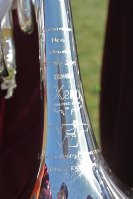 Closeup of the Marching Virginian trumpets in honor of former MV Chris Osburn