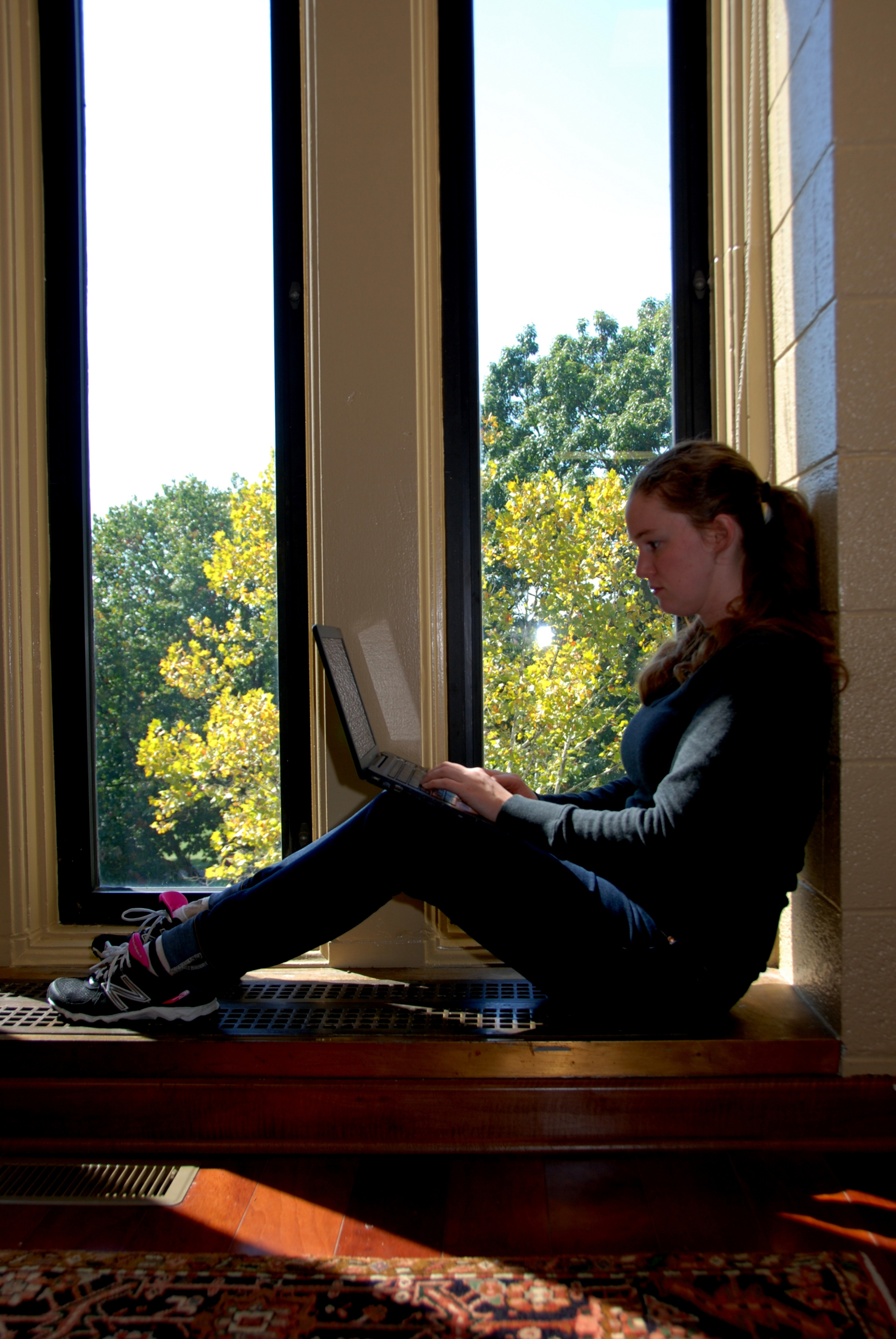 A student works on a laptop in Newman Library. 