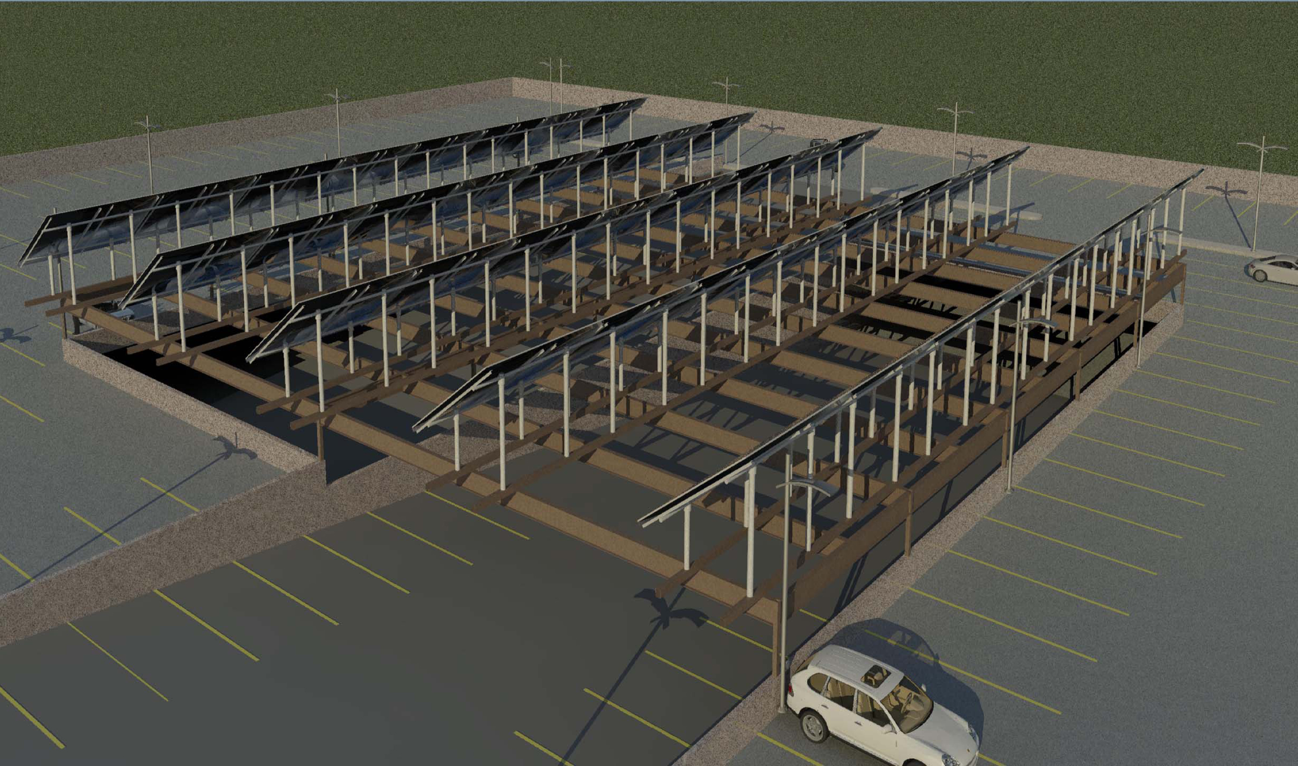 Architectural rendering of the parking deck's roof top solar panel field