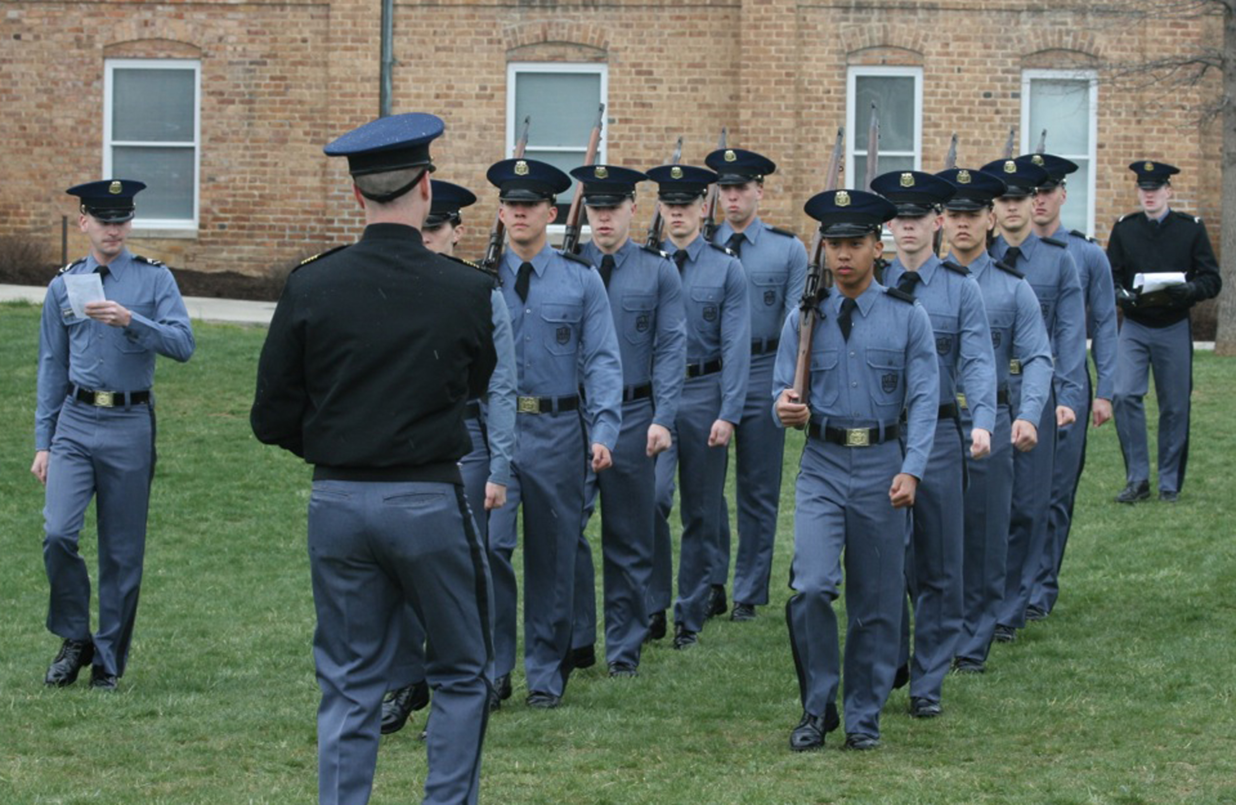 Members of Band Company, who won the Jaffe Eager Squad Trophy last spring, are seen competing in the marching portion of the competition on the Upper Quad