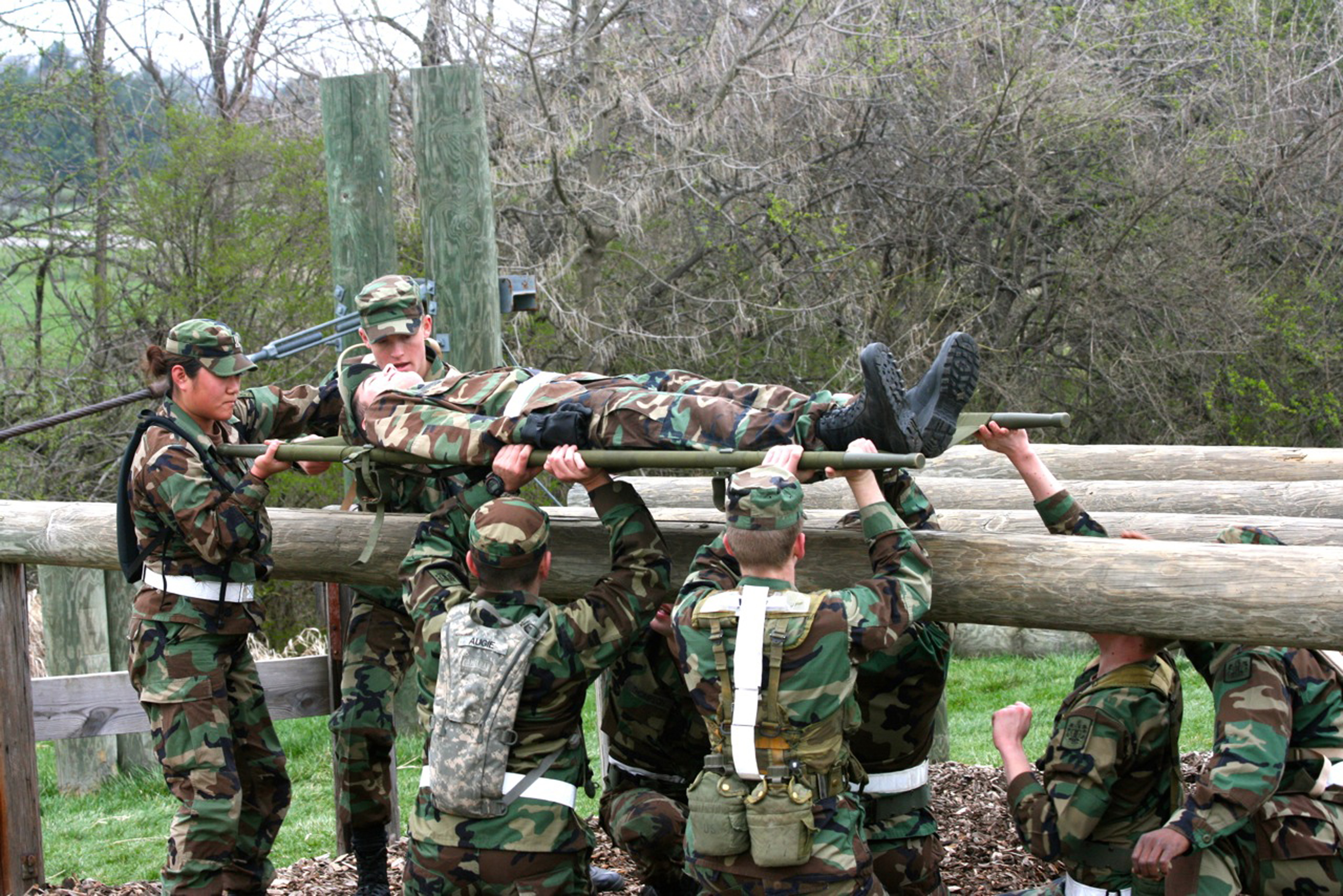 Members of the Virginia Tech Corps of Cadets navigating an obstacle in the Annual Squad Tactical Challenge in 2011