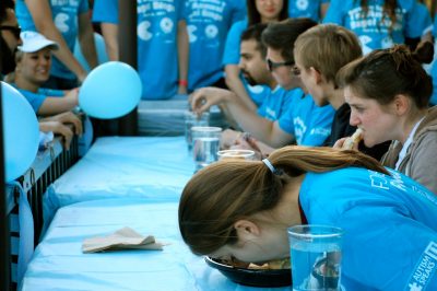 Contestants in the Bagel Binge had a wide variety of strategies, including one student, Karin Wiles from Leesburg, Va., a junior majoring in psychology in the College of Science, who decided to go hands-free. 