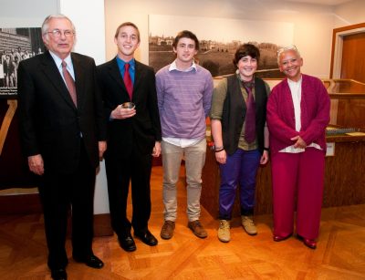 Virginia Tech president and award benefactor Charles W. Steger with the 2012 Steger Poetry Prize winners: first place winner Kyle Gardiner; third place finisher Drew Knapp; and runner-up Mary Swan with internationally renowned Virginia Tech poet Nikki Giovanni.