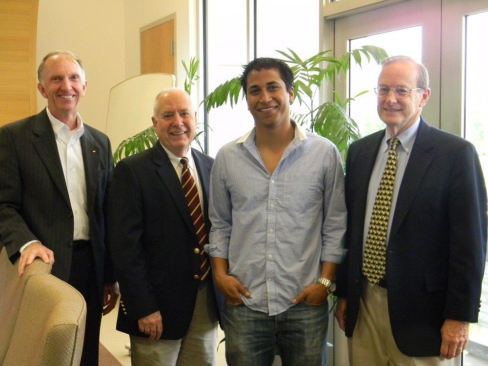 Left to right: Joe Meredith, president of the Virginia Tech Corporate Research Center; Jim Flowers, executive director of VT KnowledgeWorks; Paulo Garcia of VoltMed; and Dick Daugherty, director of strategic services for VT KnowledgeWorks.  Not pictured: Chris Arena and Mike Sano of VoltMed.