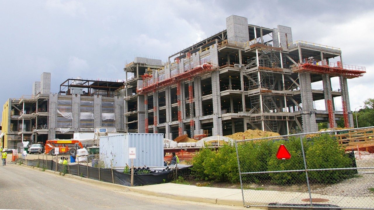 Now under construction, the College of Engineering's Signature Engineering Building is expected to open by early 2014. This photograph was taken from Stanger Street, looking southwest, toward the Perry Street parking deck.