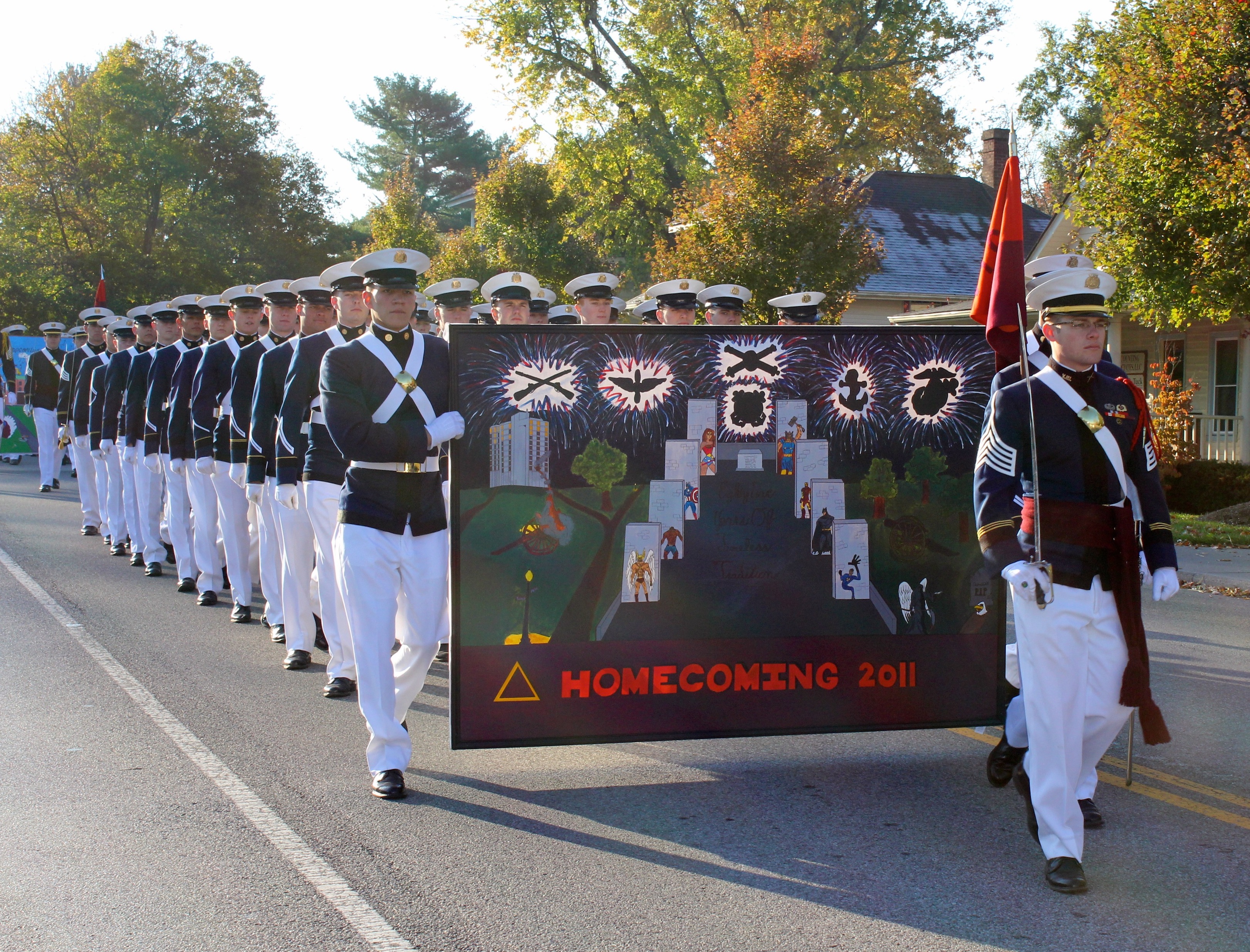 Membersof Delta Company of the Virginia Tech Corps of Cadets march in the 2011 Homecoming parade through downtown Blacksburg.