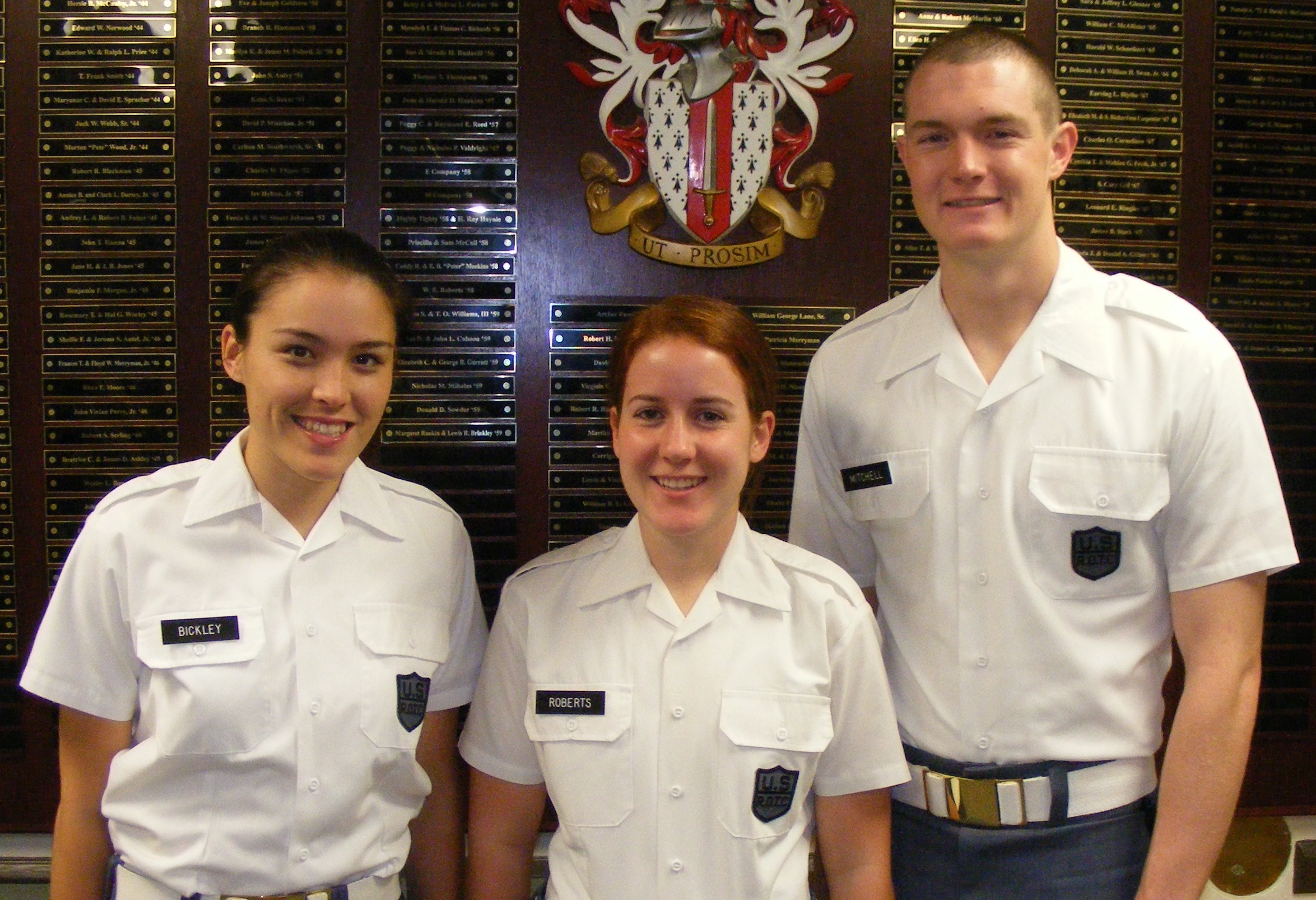 Cadets Amelia Bickley, Leah Roberts, and Carl Mitchell shown in Brodie Hall